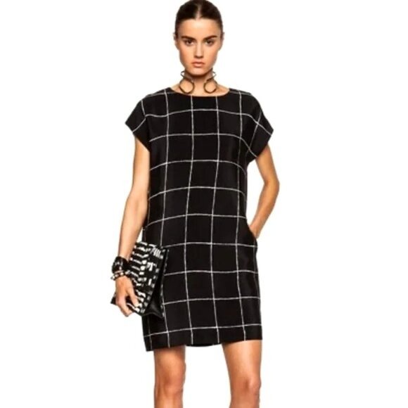 Dresses & Skirts - VINCE. Black and White Windowpane 100% Silk Shift Dress with Pockets